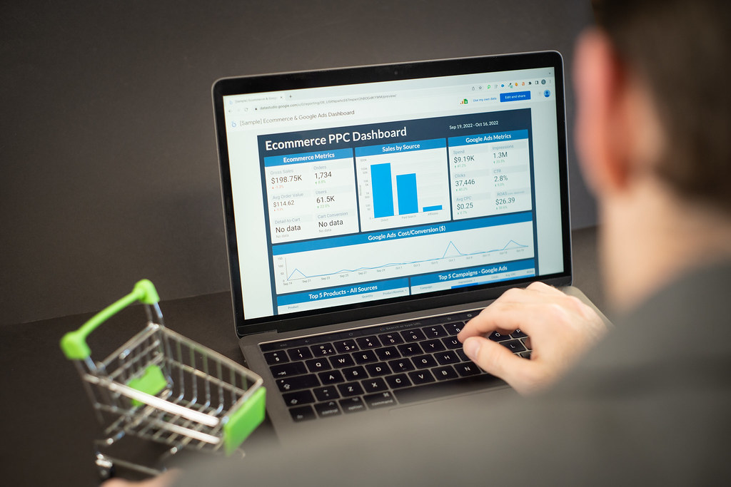 Laptop showing an ecommerce analytics dashboard